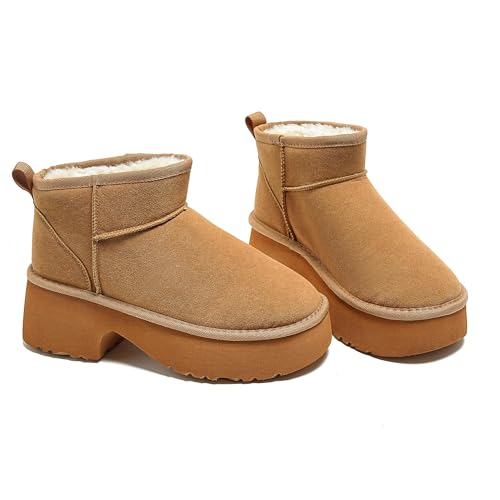 Platform Mini Boots for Women, Cozy Fur Lined Ankle Booties, Warm Suede Look Winter Snow Boots Khaki 10