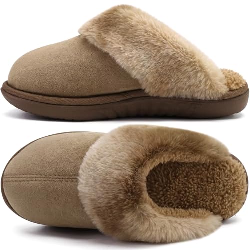 Women's Arch Support Memory Foam Slippers Orthotic Plantar Fasciitis Slip On Suede Ladies Scuff Slipper Cozy Fuzzy Shearling Winter House Shoes Indoor Outdoor Brown Size 9