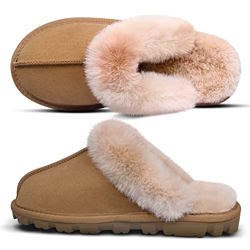 Womens Fuzzy Outdoor House Slippers Super Soft Fur Slip On Slippers Cozy Plush Faux Fur Scuff Slippers Indoor Fluffy Slipper Shoes Rubber Sole,Chestnut 9-10