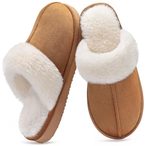 Women's Fuzzy Memory Foam Slippers Fluffy Winter House Shoes Indoor and Outdoor, Chestnut 8-8.5