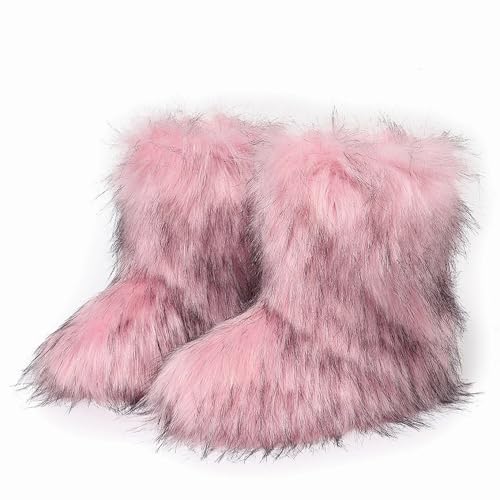 Women Faux Fur Furry Boot Fluffy Mid Calf Snow Boots Round Toe Suede Comfy Warm Flat Shoes Winter For Girl