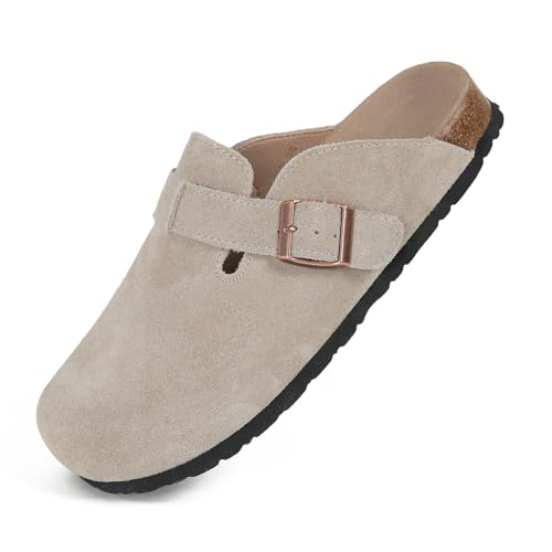 Clogs for Women Mens Suede Leather Slip on Shoes Cork Footbed Mules Sandals with Arch Support Unisex Slippers Camel