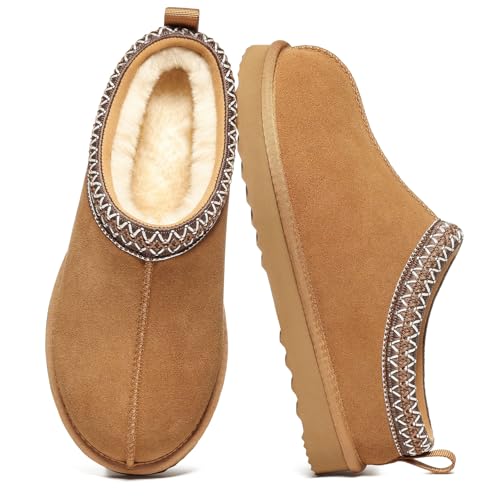 Women's Fuzzy House Slippers Genuine Suede Fluffy Winter Slipper Cozy Furry Warm Shoes Indoor/Outdoor, Chesnut EU 39