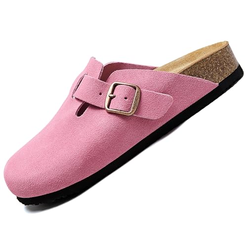 Women's Genuine Suede Clogs for Women Men Slip On-Arch Support Comfortable Mules & Potato Shoes with Adjustable Buckle Casual Footwear Unisex Pink