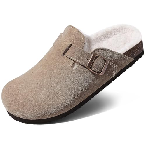 Women's Fur Lined Suede Clogs Fuzzy Cork Footbed Mules Slip On Winter Potato Shoes, Taupe 40 (Size 8.5-9)