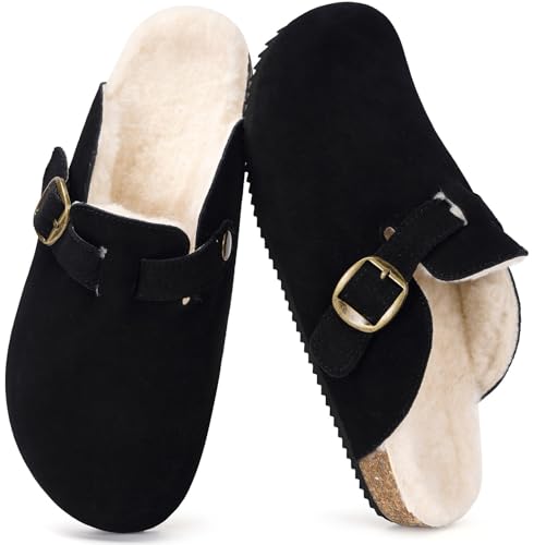 Fur Lined Suede Clogs for Women Mens Winter Slippers with Arch Support Slip on Potato Shoes Fuzzy Leather Mules Cork Footbed Black 15 Women/14 Men