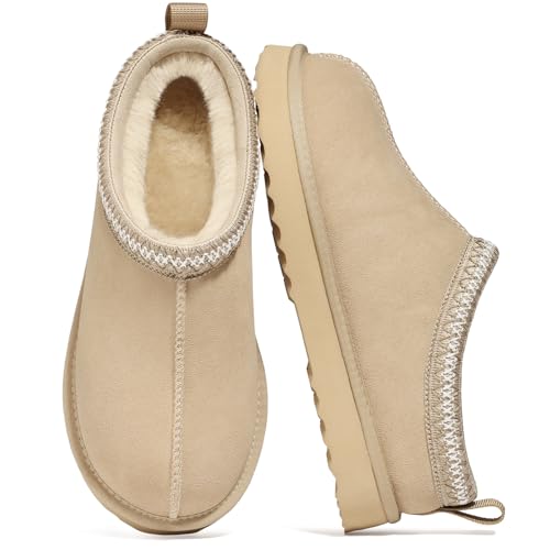 Genuine Suede Fuzzy Slippers for Women Winter Warm House Shoes Cozy Mini Boots for Indoor Outdoor, Sand 40